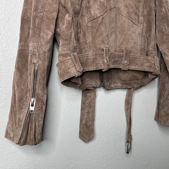 Blank NYC French Taupe Cropped Suede Moto Jacket Size M Belted Leather - Picture 10 of 10